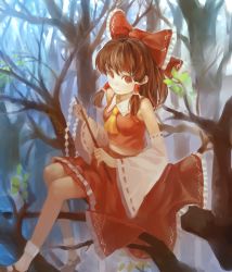 Rule 34 | 1girl, ascot, bare legs, bare shoulders, bare tree, bow, brown eyes, brown hair, detached sleeves, female focus, gohei, hair bow, hair tubes, hakurei reimu, highres, in tree, japanese clothes, light smile, long hair, looking at viewer, mary janes, midriff, midriff peek, miko, nature, shoes, sitting, sitting in tree, socks, solo, touhou, tree, white socks, zrero