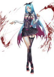 Rule 34 | 1girl, alice (liyou-ryon), black bow, black choker, black skirt, blood, blue hair, bow, character name, choker, covered navel, fishnet thighhighs, fishnets, frills, highres, liyou-ryon, long hair, mechanical arms, multicolored hair, original, parted lips, pink eyes, purple hair, simple background, single mechanical arm, skirt, smile, solo, standing, striped, thighhighs, weapon, white background, wire