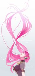 Rule 34 | 1girl, breasts, closed eyes, floating hair, headphones, highres, large breasts, long hair, looking up, makimura (miwmiw-cage), megurine luka, music, pink hair, profile, singing, solo, upper body, very long hair, vocaloid