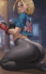 Rule 34 | 1girl, ass, blonde hair, blue eyes, blush, breasts, cammy white, curvy, highres, huge ass, large breasts, looking at viewer, shexyo, sitting, skin tight, solo, street fighter, street fighter 6, thick thighs, thighs, wariza