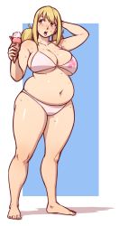 Rule 34 | 1girl, alternate body size, arms behind back, barefoot, belly, better-with-salt, bikini, blonde hair, breasts, brown eyes, fairy tail, fat, food, full body, hair between eyes, highres, holding, holding food, ice cream, large breasts, long legs, lucy heartfilia, navel, open mouth, plump, simple background, solo, standing, sweatdrop, swimsuit, thighs, tongue, tongue out, twintails, weight gain, white background, white bikini, wide hips
