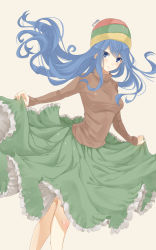 Rule 34 | 1girl, absurdres, artist name, blue eyes, blue hair, clothes lift, dutch angle, fairy tail, frilled skirt, frills, hat, highres, juvia lockser, long hair, long skirt, looking at viewer, multicolored clothes, multicolored hat, rchella, signature, simple background, skirt, skirt lift, smile, solo, standing