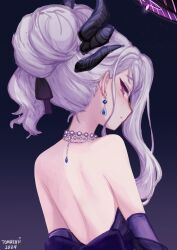 Rule 34 | 1girl, absurdres, artist name, back, black horns, blue archive, blush, closed mouth, dangle earrings, demon horns, dress, earrings, elbow gloves, from behind, gloves, gradient background, grey hair, halo, highres, hina (blue archive), hina (dress) (blue archive), horns, jewelry, long hair, looking at viewer, looking back, multiple horns, necklace, official alternate costume, official alternate hairstyle, purple dress, purple eyes, purple gloves, signature, solo, strapless, strapless dress, temachii, upper body