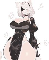 Rule 34 | 1girl, 2b (nier:automata), animal ears, bare hips, bare legs, black choker, black dress, black hairband, blindfold, breasts, cat ears, cat girl, cat tail, choker, cleavage, dress, gluteal fold, hairband, hand on own hip, highres, huge breasts, medium hair, nier:automata, nier (series), pelvic curtain, tail, thick thighs, thighs, usa37107692, white hair, wide hips