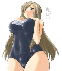 Rule 34 | 00s, 1girl, black one-piece swimsuit, blonde hair, blue eyes, blush, breasts, brown hair, dr.p, long hair, name tag, one-piece swimsuit, panties, parted bangs, school swimsuit, solo, swimsuit, tales of (series), tales of the abyss, tear grants, thighs, underwear