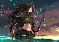 Rule 34 | 1girl, absurdres, animal ears, arknights, arrow (projectile), belt, black gloves, black hair, black pants, bow (weapon), brown belt, brown shirt, cape, commentary request, cowboy shot, crop top, fingerless gloves, gloves, green eyes, grey cape, highres, holding, holding bow (weapon), holding weapon, horse ears, light particles, long hair, meteor (arknights), midriff, navel, outdoors, pants, parted lips, ponytail, quiver, shijie jianfa, shirt, solo, standing, stomach, weapon