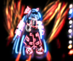 Rule 34 | 1girl, bow, female focus, fire, fujiwara no mokou, full body, glowing, groove summoners, hair bow, long hair, looking down, no eyes, pants, ribbon, shoes, solo, sparkle, suspenders, touhou, very long hair, white hair