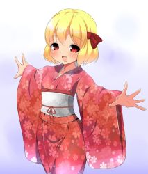 Rule 34 | 1girl, alternate costume, blonde hair, cherry blossoms, fang, floral print, gradient background, hair ribbon, japanese clothes, kimono, kyokutou hentai samurai, looking at viewer, obi, open mouth, outstretched arms, red eyes, red kimono, ribbon, rumia, sash, short hair, simple background, solo, spread arms, touhou
