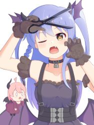 Rule 34 | 0 0, 2girls, ;o, ahoge, alternate costume, alternate hairstyle, arm up, bat wings, black choker, black gloves, blue hair, braid, breasts, chibi, choker, claw pose, collarbone, commentary, dot nose, fang, gloves, hair between eyes, highres, hisaki hiyori, holding, holding scissors, horns, k-d, lock, long hair, looking at viewer, low wings, medium breasts, multiple girls, nanami raika, one eye closed, onii-chan wa oshimai!, open mouth, padlock, padlocked collar, pink hair, scissors, simple background, twintails, upper body, white background, wings, yellow eyes