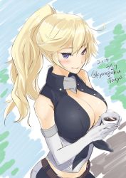 Rule 34 | 10s, 1girl, 2017, alternate hairstyle, blonde hair, blue eyes, breasts, cleavage, coffee, cup, dated, elbow gloves, fingerless gloves, front-tie top, gloves, heart, heart-shaped pupils, iowa (kancolle), kantai collection, kyougoku touya, large breasts, long hair, looking at viewer, no headgear, ponytail, smile, solo, symbol-shaped pupils, twitter username