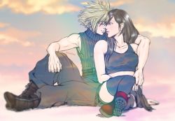 Rule 34 | 1boy, 1girl, bare arms, bare shoulders, bike shorts, bike shorts under shorts, black hair, black skirt, black thighhighs, blonde hair, boots, breasts, closed eyes, cloud, cloud strife, cloudy sky, couple, crop top, cuddling, earrings, final fantasy, final fantasy vii, final fantasy vii remake, full body, heads together, jewelry, lips, long hair, looking at another, medium breasts, red footwear, shorts, sitting, skirt, sky, sleeveless, sleeveless turtleneck, smile, spiked hair, square enix, sweater, tank top, thighhighs, tifa lockhart, tomtom, turtleneck, turtleneck sweater