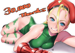 Rule 34 | 1girl, absurdres, antenna hair, aqua eyes, armpit crease, artist name, beret, blonde hair, blurry, blurry background, braid, breasts, cammy white, camouflage, covered collarbone, depth of field, facial scar, fingerless gloves, gloves, green leotard, grin, groin, hair between eyes, hat, highleg, highleg leotard, highres, huge filesize, impossible clothes, impossible leotard, large breasts, legs together, leotard, long hair, looking at viewer, lying, milestone celebration, nanja, red gloves, red hat, scar, scar on cheek, scar on face, simple background, smile, solo, street fighter, street fighter ii (series), teeth, thank you, thigh gap, thighs, white background