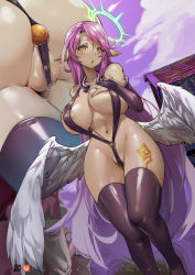 Rule 34 | 1girl, :o, anal, anal ball wear, anal beads, anal object insertion, angel, anus, arm tattoo, ass, bikini, black thighhighs, breasts, cleavage, covered erect nipples, elbow gloves, exhibitionism, feathered wings, gloves, halo, hand on breast, hand on own chest, highres, insertion clothing, jibril (no game no life), large breasts, leg tattoo, looking at viewer, navel, no game no life, o-ring, object insertion, public indecency, purple hair, pussy juice, pussy juice trail, revealing clothes, sex toy, shiny skin, skindentation, slingshot swimsuit, swimsuit, tamada heijun, tattoo, thighhighs, wing ears, wings, yellow eyes