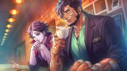 Rule 34 | 2boys, bandages, brick wall, cafe, ceiling, ceiling light, cellphone, chest hair, coffee cup, coffee talk, colored skin, cup, disposable cup, gala (coffee talk), gendou pose, green shirt, own hands clasped, hyde (coffee talk), indoors, iroha (akei0710), jacket, jacket on shoulders, looking at another, male focus, manly, mole, multicolored hair, multiple boys, own hands together, perspective, phone, popped collar, purple skin, scar, shirt, sitting, smartphone, smile, steam, upper body, vampire, werewolf