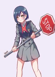 Rule 34 | 1girl, absurdres, artist name, blue hair, blush, buttons, darling in the franxx, double-breasted, feet out of frame, green eyes, grey background, highres, holding, ichigo (darling in the franxx), jjab, long sleeves, looking at viewer, meme, military, military uniform, road sign, school uniform, short hair, sign, signature, simple background, solo, standing, stop sign, uniform, wavy mouth