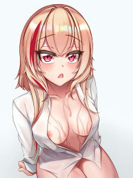 Rule 34 | 1girl, airbo, arms behind back, blonde hair, blush, breasts, collarbone, girls&#039; frontline, highres, idolmaster, idolmaster cinderella girls, long hair, looking at viewer, m4 sopmod ii (girls&#039; frontline), medium breasts, multicolored hair, nipples, open mouth, red eyes, shirt, sitting, solo, wet, wet clothes, wet shirt, white background, white shirt