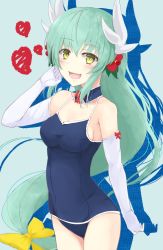 Rule 34 | 1girl, :d, aqua hair, blue background, blue choker, blue one-piece swimsuit, blush, bow, breasts, choker, cleavage, collarbone, cowboy shot, elbow gloves, fate/grand order, fate (series), floating hair, flower, gloves, green eyes, hair between eyes, hair bow, hair flower, hair ornament, heart, hibiscus, highres, k3rd, kiyohime (fate), kiyohime (fate/grand order), kiyohime (swimsuit lancer) (fate), kiyohime (swimsuit lancer) (second ascension) (fate), long hair, low-tied long hair, medium breasts, old school swimsuit, one-piece swimsuit, open mouth, red bow, red flower, school swimsuit, shadow, sideboob, smile, solo, spaghetti strap, standing, swimsuit, very long hair, white gloves, yellow bow