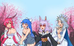 Rule 34 | 4girls, animal ears, bao (vtuber), bao (vtuber) (1st costume), blue cape, blue hair, bow, breasts, cape, cherry blossoms, cleavage, cloud9, collarbone, commission, dress, elbow gloves, fox ears, fox girl, gloves, grey dress, grey hair, hair bow, highres, indie virtual youtuber, looking to the side, medium breasts, monarch (amalee), multiple girls, navel, nijisanji, nijisanji en, nina kosaka, one eye closed, open mouth, pants, ponytail, red eyes, roshie (leraleralaii), second-party source, smile, vienna (vtuber), vienna (vtuber) (2nd costume), virtual youtuber, white bow, white dress, white gloves, white pants