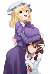 Rule 34 | 2girls, blonde hair, blush, breast envy, breast rest, breasts, breasts on head, brown eyes, brown hair, buttons, collared dress, collared shirt, commentary, dress, embarrassed, grimace, hair ribbon, hat, height difference, highres, large breasts, long sleeves, looking at another, maribel hearn, medium hair, mob cap, multiple girls, necktie, open mouth, purple dress, red neckwear, ribbon, shirt, sidelocks, simple background, smile, sweatdrop, touhou, trembling, usami renko, usuaji, white background, white ribbon, white shirt, yellow eyes