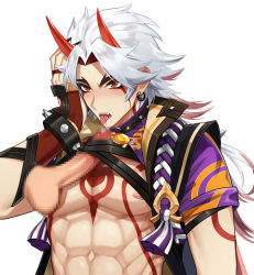 Rule 34 | 2boys, abs, arataki itto, black nails, blur censor, blush, bodypaint, censored, choker, disembodied penis, ear piercing, erection, facepaint, fang, fellatio, fingerless gloves, genshin impact, gloves, hand on own head, highres, horns, japanese clothes, licking, licking penis, long hair, male focus, multicolored hair, multiple boys, muscular, muscular male, nail polish, nipples, oral, parted lips, pectorals, penis, piercing, red eyes, red hair, saliva, simple background, solo focus, spiked choker, spikes, sweat, tassel, thick eyebrows, white background, white hair, yaoi