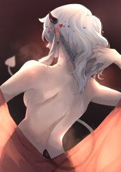 Rule 34 | 1girl, absurdres, back, back focus, black background, breasts, commentary, demon horns, demon tail, english commentary, from behind, gradient background, heart, helltaker, highres, horns, medium breasts, modeus (helltaker), nude, ohako (ohako1818), red background, short hair, sidelocks, simple background, solo, tail, upper body, white hair
