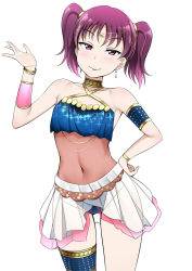 Rule 34 | 1girl, arabian clothes, armpits, artist request, bare shoulders, belly dancer, bikini, bikini bottom, blue bikini, breasts, choker, collarbone, earrings, hair ornament, highres, jewelry, kazuno leah, love live!, love live! sunshine!!, purple eyes, purple hair, simple background, small breasts, smile, solo, swimsuit, tagme, tongue, tongue out, twintails, underboob
