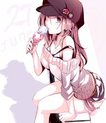Rule 34 | 1girl, arm support, bare shoulders, breasts, brown hair, cabbie hat, dated, earrings, food, from side, hair between eyes, haruka natsuki, hat, ice cream, ice cream cone, jewelry, june, lipstick, long hair, looking at viewer, makeup, medium breasts, nail polish, necklace, original, pink nails, purple eyes, simple background, sitting, skirt, solo, strap slip, stud earrings, sweater