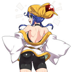 Rule 34 | 1girl, android, artist request, ass, bandana, bare shoulders, bike shorts, blue hair, blush, from behind, green eyes, highres, lime (saber j), long hair, looking at viewer, looking back, open mouth, saber marionette j, shiny clothes, shiny skin, smile, solo, thong, thong over leggings, twintails