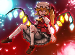 Rule 34 | 1girl, blonde hair, bloomers, fang, female focus, flandre scarlet, full body, gradient background, hat, matsumoto tomoyohi, mob cap, ponytail, red eyes, ribbon, short hair, skirt, solo, touhou, underwear, white bloomers, wings