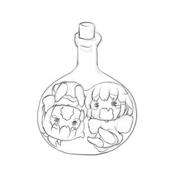 Rule 34 | 10s, 2girls, = =, bottle, chibi, cork, crying, female focus, flask, gale kawaii, greyscale, ikazuchi (kancolle), in bottle, in container, inazuma (kancolle), kantai collection, monochrome, multiple girls, round-bottom flask, wavy mouth, white background, aged down
