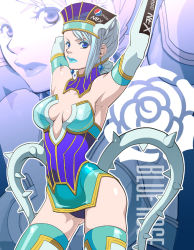 Rule 34 | 10s, 1girl, armpits, arms up, bad id, bad pixiv id, bare shoulders, blue eyes, blue hair, blue rose (tiger &amp; bunny), boots, breasts, character name, cleavage, earrings, elbow gloves, gloves, jewelry, karina lyle, matching hair/eyes, mgk968, pepsi nex, product placement, solo, thigh boots, thighhighs, tiger &amp; bunny, zoom layer