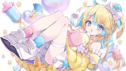 Rule 34 | 1girl, absurdres, amakawa hano, asymmetrical footwear, blonde hair, highres, konpe itou, mismatched footwear, multicolored hair, re:act, solo, stuffed animal, stuffed toy, thigh strap, virtual youtuber