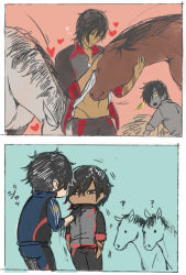 Rule 34 | 10s, 2boys, 2koma, ?, alternate costume, animal, black hair, blue background, chibi, clothes lift, comic, dark-skinned male, dark skin, eyepatch, flat color, heart, horse, jitome, male focus, multiple boys, navel, ookurikara, open clothes, open mouth, partially colored, personification, red background, shirt lift, shokudaikiri mitsutada, silent comic, simple background, sleeves rolled up, tattoo, touken ranbu, track suit, uosuko, zipping