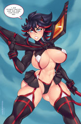 Rule 34 | 1girl, abs, ange1witch, areola slip, armor, artist name, black hair, blue eyes, breasts, cameltoe, cleft of venus, english text, highres, holding, holding weapon, kill la kill, matoi ryuuko, medium breasts, multicolored hair, nipples, red hair, sweat, thick thighs, thighhighs, thighs, two-tone hair, weapon