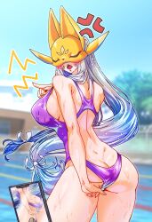Rule 34 | 1girl, absurdres, adjusting clothes, adjusting swimsuit, armor, ass, blush, breasts, butt crack, digimon, digimon (creature), dimples of venus, fox mask, gerusyu, highres, large breasts, long hair, mask, one-piece swimsuit, sakuyamon, sideboob, swimsuit, very long hair