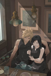 Rule 34 | 1boy, 1girl, apron, bare arms, bare shoulders, belt, belt buckle, black hair, blonde hair, blue eyes, bow, box, breasts, buckle, cloud strife, couple, crop top, cup, final fantasy, final fantasy vii, final fantasy vii advent children, fork, gift, gift box, glass, gloves, goggles, hand up, hanging light, happy, high collar, highres, indoors, jewelry, large breasts, long hair, midriff, navel, open hand, open mouth, picture frame, plate, red eyes, ring, shillo, sitting, smile, spiked hair, tank top, tifa lockhart, undershirt, waist apron, water tank, water tower, window