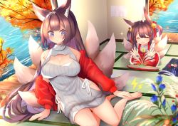 Rule 34 | 2girls, akagi-chan (azur lane), alternate costume, amagi (azur lane), animal ear fluff, animal ears, arm support, azur lane, bare legs, bare shoulders, barefoot, bell, blunt bangs, breasts, brown hair, cardigan, cat cutout, cleavage cutout, closed eyes, clothing cutout, coat, commentary request, contemporary, dress, eyeshadow, fox ears, fox girl, fox tail, furrowed brow, hair bell, hair ornament, hairclip, impossible clothes, large breasts, leaning forward, long hair, long sleeves, looking to the side, makeup, meme attire, multiple girls, multiple tails, off shoulder, open cardigan, open clothes, open door, open mouth, panties, purple eyes, putimaxi, red coat, red dress, red eyeshadow, red sweater, ribbed sweater, seiza, short eyebrows, side-tie panties, sitting, sliding doors, sweater, sweater dress, tail, tatami, thick eyebrows, underwear, very long hair, virgin killer sweater, water, yokozuwari