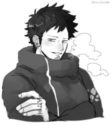 Rule 34 | 1boy, ani3nrtm, black hair, breath, coat, crossed arms, earrings, facial hair, finger tattoo, greyscale, high collar, highres, jewelry, long sleeves, male focus, monochrome, official alternate costume, one piece, short hair, simple background, smile, solo, tattoo, trafalgar law, twitter username, white background, winter clothes, winter coat