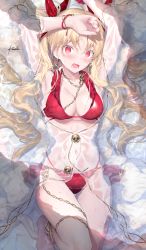 Rule 34 | 1girl, armpits, arms up, bare shoulders, bikini, blonde hair, blush, breasts, chain, cleavage, collarbone, commentary request, ereshkigal (fate), fate/grand order, fate (series), hair ribbon, highres, kousaki rui, long hair, looking at viewer, lying, medium breasts, navel, on back, open mouth, parted bangs, red bikini, ribbon, see-through, skull, swimsuit, thighs, water