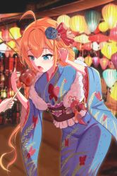 Rule 34 | 1girl, absurdres, blue eyes, blush, hair ornament, highres, japanese clothes, kimono, long hair, open mouth, orange hair, pecorine (princess connect!), princess connect!, sogogy