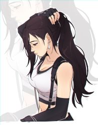 Rule 34 | 1girl, adjusting hair, alternate hairstyle, black gloves, black hair, black sports bra, breasts, closed mouth, collarbone, commentary, crop top, dangle earrings, earrings, elbow gloves, english commentary, final fantasy, final fantasy vii, final fantasy vii remake, fingerless gloves, from side, gloves, holding, holding own hair, jewelry, long hair, looking down, medium breasts, midriff, ponytail, pudelmudel, red eyes, solo, sparkle, sports bra, square enix, suspenders, tank top, tifa lockhart, upper body