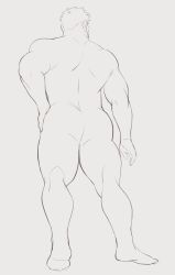 Rule 34 | 1boy, anatomy, ass, bara, beard stubble, completely nude, dyzd1, facial hair, facing away, from below, full body, greyscale, highres, male focus, mature male, monochrome, muscular, muscular male, nude, original, short hair, sketch, solo, standing, stubble, thick thighs, thighs