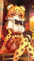 Rule 34 | 1girl, :o, absurdres, animal ear fluff, animal ears, animal print, arms at sides, belt, black bow, black bowtie, blonde hair, blush, book, bookshelf, bow, bowtie, breasts, brown belt, brown hair, center frills, dust, elbow gloves, feet out of frame, frilled shirt, frills, fur scarf, gloves, hand rest, high-waist skirt, highres, impossible clothes, impossible shirt, indoors, jaguar (kemono friends), jaguar ears, jaguar girl, jaguar print, jaguar tail, kemono friends, knees together feet apart, looking at viewer, medium breasts, medium hair, melaton, miniskirt, multicolored hair, parted lips, print gloves, print scarf, print skirt, print thighhighs, scarf, shirt, shirt tucked in, short sleeves, sitting, skirt, solo, striped tail, tail, thighhighs, white hair, white shirt, window shadow, yellow eyes, zettai ryouiki