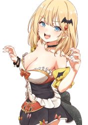 Rule 34 | 1girl, arm garter, bare shoulders, bat hair ornament, black choker, black dress, black skirt, blonde hair, blue eyes, blush, bow, breasts, choker, cleavage, collarbone, commentary request, cosplay, costume switch, cowboy shot, dress, fang, frills, fuusuke (fusuke208), hair ornament, hololive, hololive english, lips, looking at viewer, medium breasts, medium hair, midriff, miniskirt, navel, off-shoulder dress, off shoulder, open mouth, plaid, plaid skirt, pleated skirt, red bow, shirt, skirt, smile, solo focus, star (symbol), star choker, transparent background, virtual youtuber, watch, watson amelia, white shirt, wristband, yozora mel, yozora mel (1st costume), yozora mel (cosplay)