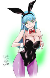 Rule 34 | 1girl, 2015, animal ears, bare shoulders, between breasts, black leotard, blue hair, bow, bowtie, breast press, breasts, breasts squeezed together, bulma, cleavage, curvy, dated, detached collar, detached sleeves, dragon ball, dragon ball (classic), fake animal ears, female focus, gradient background, green eyes, grin, head tilt, kon-kit, large breasts, leotard, long hair, looking at viewer, pantyhose, playboy bunny, purple pantyhose, rabbit ears, rabbit tail, shiny skin, smile, solo, tail, wrist cuffs