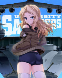 Rule 34 | 10s, 1girl, aircraft, aircraft carrier, airplane, ass, black shirt, blue shorts, blue sky, brown jacket, c-5m super galaxy, commentary, cowboy shot, cutoffs, day, denim, denim shorts, emblem, english text, from behind, girls und panzer, grin, hair intakes, hands in pockets, highres, jacket, kasai shin, kay (girls und panzer), long hair, looking at viewer, looking back, m4 sherman, military, military uniform, military vehicle, motor vehicle, off shoulder, open clothes, open jacket, outdoors, saunders military uniform, sherman firefly, ship, shirt, short shorts, shorts, sky, smile, solo, standing, star (symbol), tank, tank top, text background, thighhighs, thighs, uniform, uss george washington (girls und panzer), warship, watercraft, white thighhighs, wind