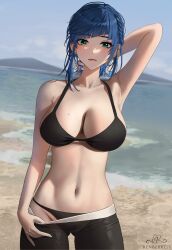 Rule 34 | 1girl, absurdres, alternate costume, alternate hairstyle, arm behind head, arm up, armpits, artist name, bare arms, bare shoulders, beach, bikini, bikini under clothes, black bikini, black pants, blue hair, blue sky, braid, breasts, cleavage, closed mouth, clothes pull, commentary, cowboy shot, dark blue hair, diagonal bangs, earrings, english commentary, genshin impact, gluteal fold, green eyes, groin, halterneck, highres, jewelry, large breasts, linea alba, lips, looking at viewer, mole, mole on breast, mountainous horizon, navel, ocean, pants, pants pull, renberry, shore, short hair, sky, solo, stomach, string bikini, swimsuit, water, yelan (genshin impact)
