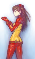 Rule 34 | 00s, 1girl, ass, blue background, blue eyes, brown hair, bubuzuke, cowboy shot, evangelion: 2.0 you can (not) advance, from side, gradient background, half-closed eyes, interface headset, legs apart, long hair, neon genesis evangelion, plugsuit, profile, rebuild of evangelion, see-through, simple background, skin tight, solo, souryuu asuka langley, standing, test plugsuit, white background