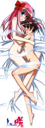 Rule 34 | 2girls, absurdres, artist request, bare shoulders, barefoot, bed sheet, blue eyes, blush, body blush, bow, breasts, brown hair, censored, censored nipples, completely nude, convenient censoring, copyright name, dakimakura (medium), feet, female focus, flat chest, hair bow, hair over breasts, hand on head, haramura nodoka, highres, hug, legs, long hair, long image, looking at viewer, miyanaga saki, multiple girls, navel, nude, official art, open mouth, pink hair, red eyes, saki (manga), short hair, sideboob, tall image, thighs, toes, topless, twintails, yuri