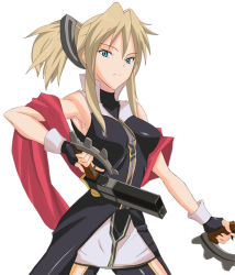 Rule 34 | 00s, 1girl, armpits, bare shoulders, blonde hair, blue eyes, coat, fingerless gloves, gloves, gun, legretta, long hair, ponytail, scarf, skirt, tales of (series), tales of the abyss, weapon